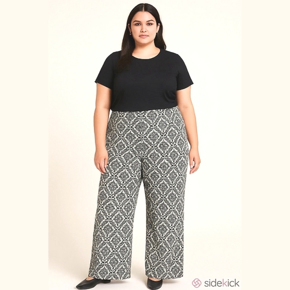 Classy Damask Printed Palazzo Pants Wide Leg Neutral Palette Beige Black Cream - Picture 1 of 7